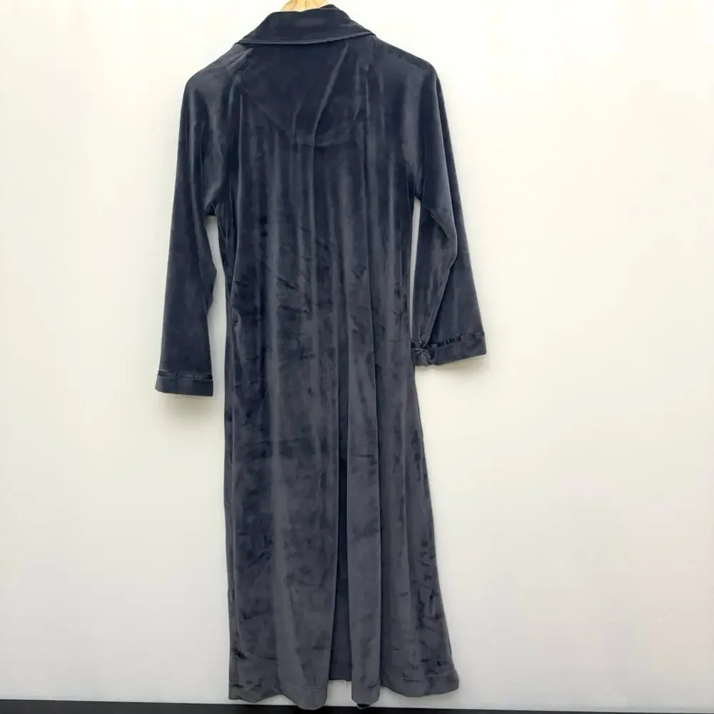 Eileen West Lux Velour Long Zip Robe Size S / M Charcoal Gray Velvet Pockets